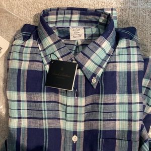 Brooks Brothers Regent Regular-Fit Sport Shirt, Blue Plaid Irish Linen, Large